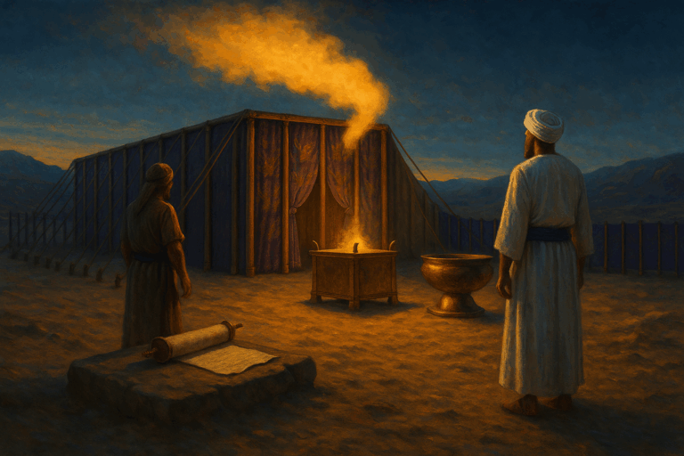 Late-winter Sinai Mishkan at twilight as a soft golden cloud descends, with priests and artisans preparing sacred service.