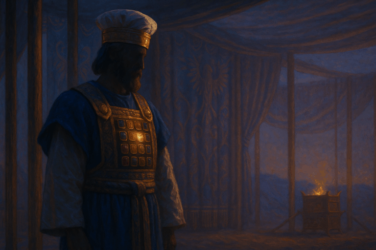 High Priest in jeweled breastplate within the Tabernacle at Adar twilight, golden glow over the Urim and Tumim.