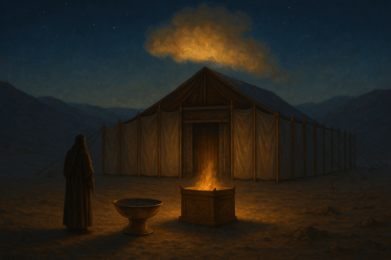 Tabernacle at twilight in the Sinai as a golden cloud descends, with bronze altar and linen curtains glowing under a star-pricked sky.