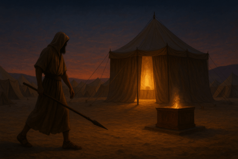 Pinchas leaves the Tent of Meeting at twilight as calm settles over the Israelite camp.