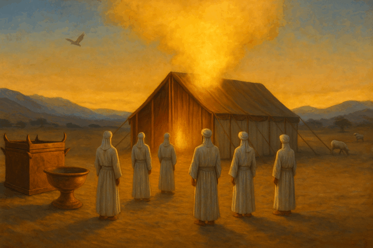 Eighth-day sanctification of the Mishkan at twilight, priests in linen before a golden cloud with altar and laver shining.