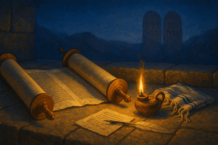 Open Torah scroll and oil lamp on Jerusalem stone at twilight