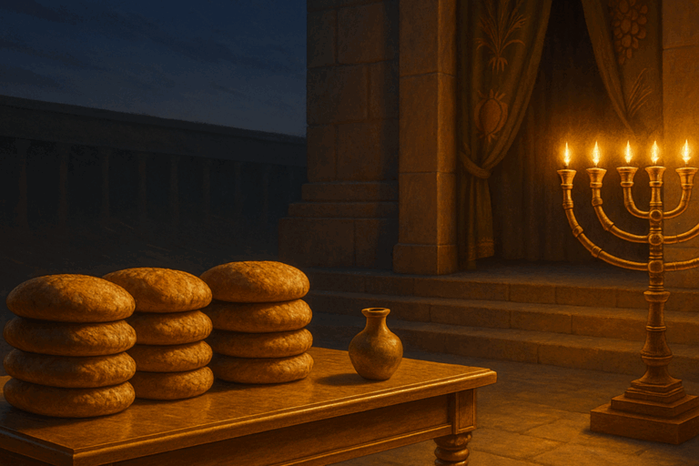 Twelve loaves on a showbread table with menorah light before the sanctuary at spring twilight.
