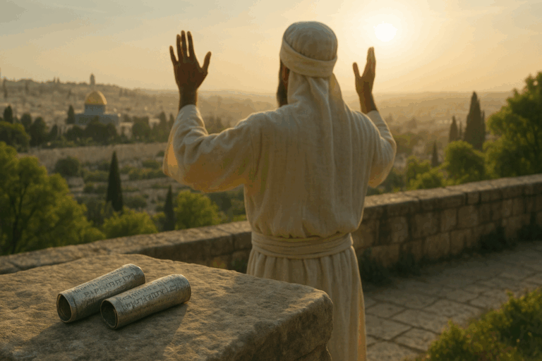 Kohen blessing at dawn with tiny silver scrolls of the Priestly Blessing on a stone ledge above Jerusalem.