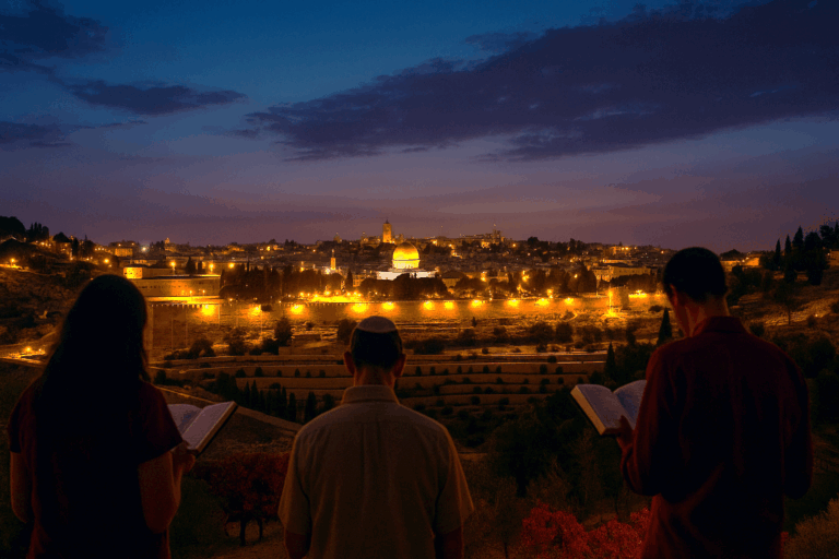 Shabbat Nachamu twilight over Jerusalem with worshipers and vineyards, warm amber glow against deep indigo sky