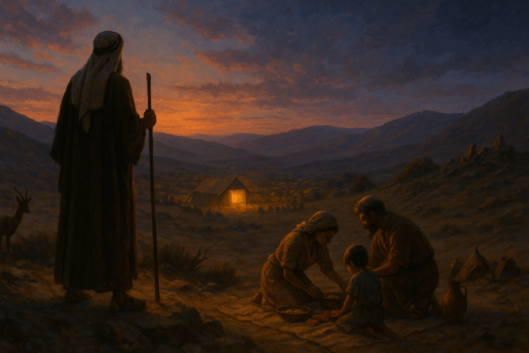 Late-summer Judean hills at twilight with Moses above a glowing Tent of Meeting and an Israelite family’s simple meal, evoking Re’eh’s call to holiness.