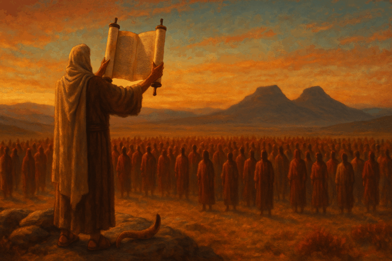 Moses presenting the covenant at twilight as Israel stands below, with Gerizim and Eival in the distance.