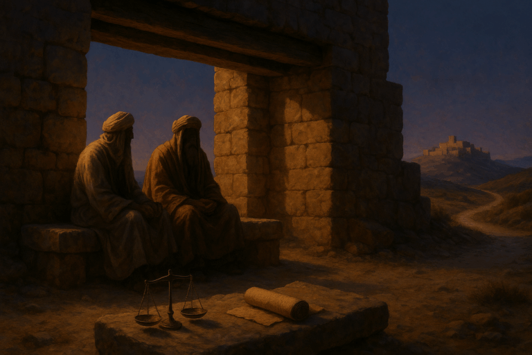 Late-summer scene at an ancient city gate with judges, a bronze scale, a Torah scroll, and a road to a city of refuge under twilight.