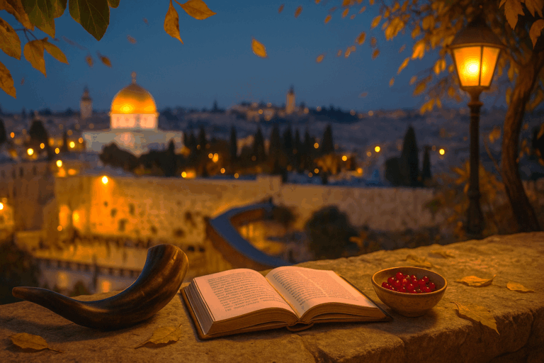 Shofar beside an open machzor at autumn twilight overlooking Jerusalem, with pomegranate seeds and warm lamplight.