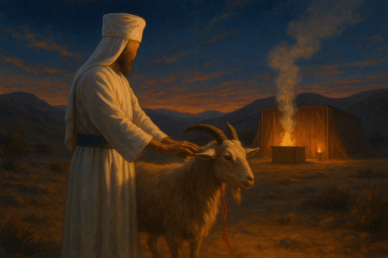 High Priest confesses over the scapegoat as sunset falls on the Judean wilderness, symbolizing sins carried away for Yom Kippur.