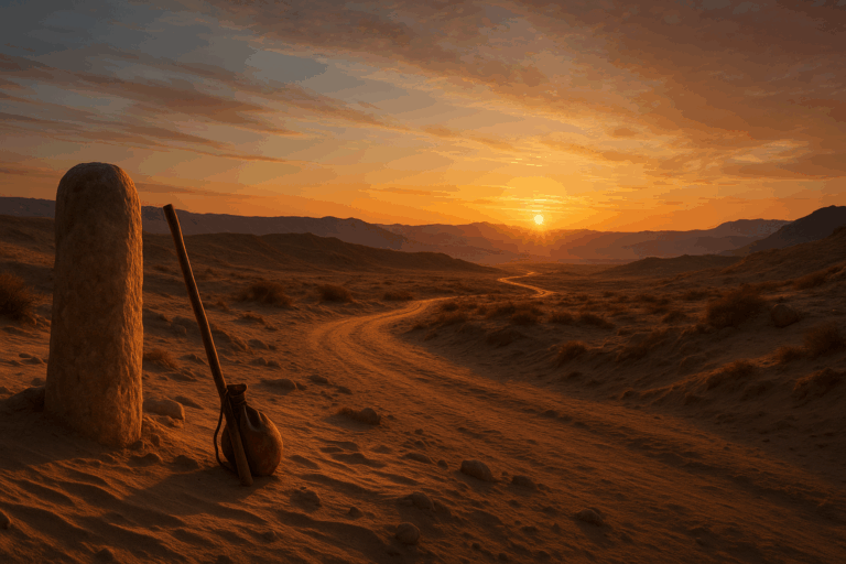 Autumn dawn on the ancient Haran-to-Canaan road with milestone, staff, and water skin under a copper-gold sky.