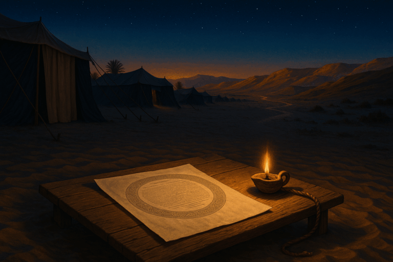 Midsummer desert camp at dusk with an open ketubah and lamp, tents and caravan route leading toward copper-gold hills under an indigo sky.