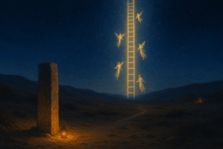 Jacob’s Ladder at Bethel—an anointed stone pillar beneath a golden ladder with angels ascending and descending at Kislev twilight