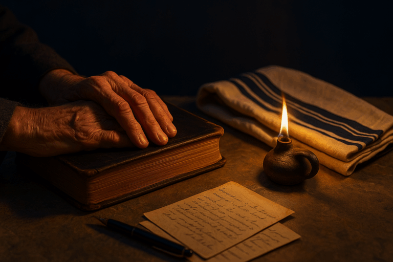Father’s hands on a well-worn Tanakh beside a tallit and oil lamp