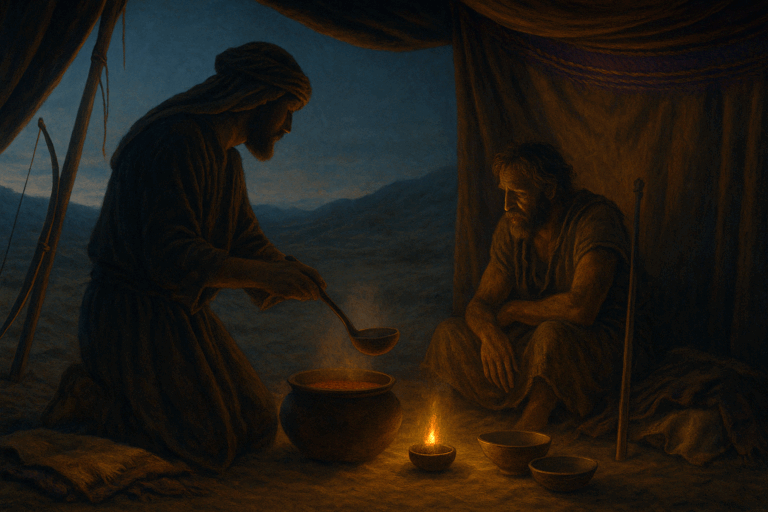Jacob offers red stew in a desert tent at twilight; goatskin and bow hint at the Toldot drama without showing faces.