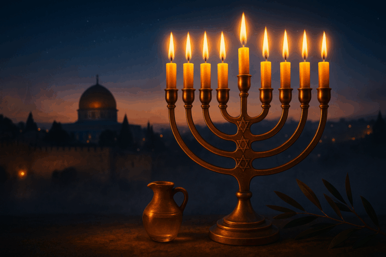 Chanukiyah glowing at Jerusalem twilight with olive oil cruse and branches, symbolizing Temple rededication and hope.