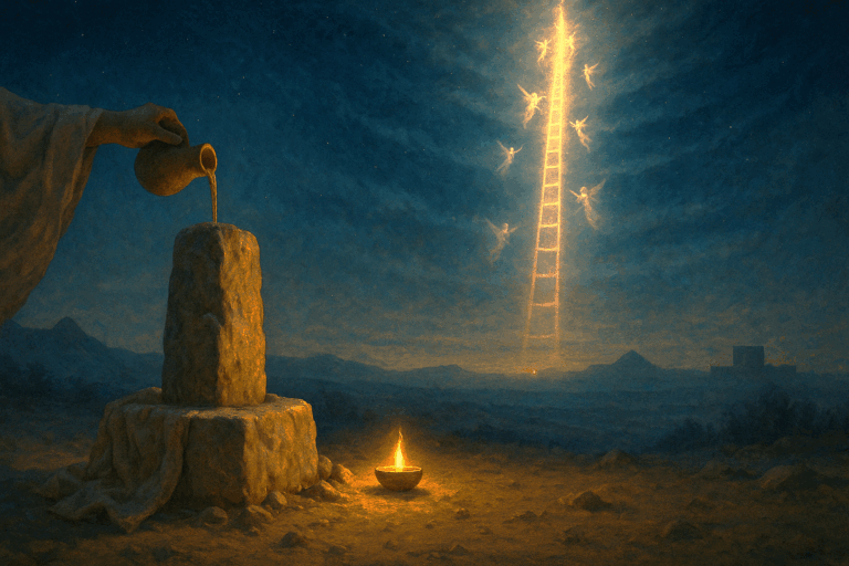 Jacob’s Ladder at Bethel—angels ascending and descending as oil is poured on the stone pillar beneath a Kislev twilight sky.