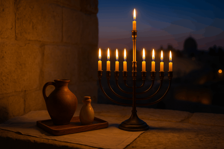 Chanukah lights in a Jerusalem stone courtyard at winter twilight, with an eight-branch chanukiyah and a small oil flask.