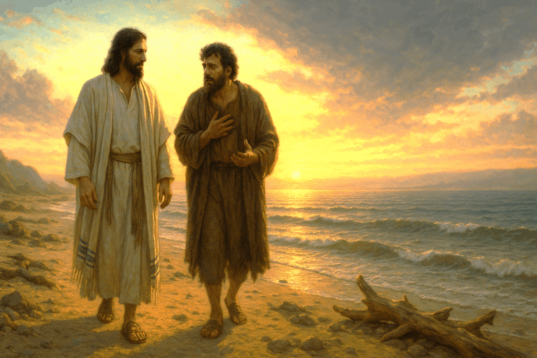 Yeshua and Peter walking along the Sea of Galilee at sunrise as Yeshua restores Peter and calls him to “feed my sheep.”