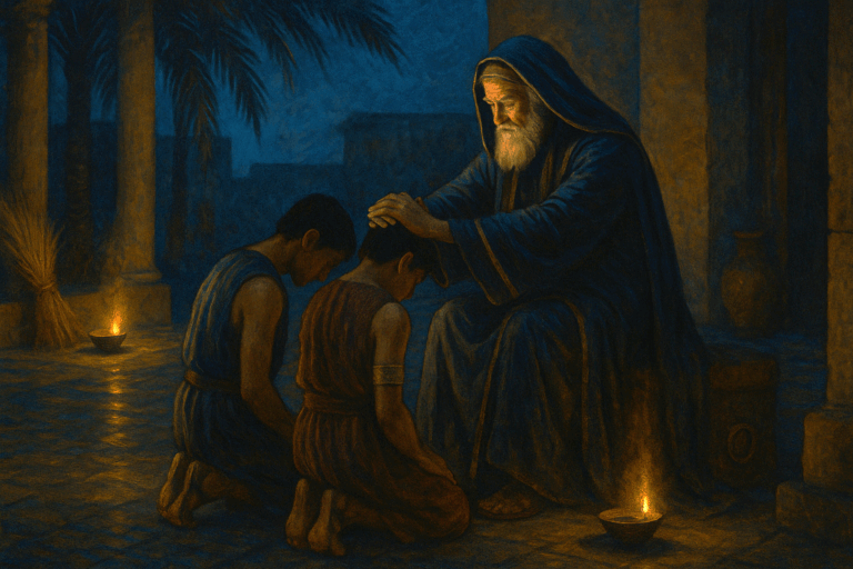 Jacob blesses Ephraim and Manasseh with crossed hands as water-like reflections suggest “multiplying like fish,” oil lamps glowing in winter twilight.