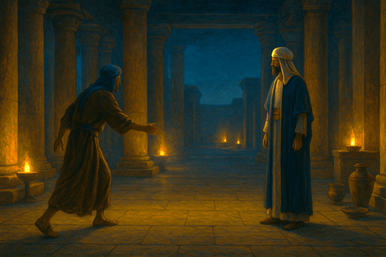 Judah approaches Joseph in an Egyptian hall as oil lamps glow, symbolizing repentance, revelation, and mercy.