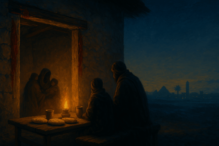 Passover night in Goshen—blood-marked doorposts, unleavened bread and cups of wine on a low table, warm lamplight against an indigo sky.