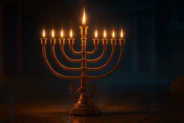 Golden menorah blazing after the Temple’s rededication, symbolizing Chanukah’s light over darkness.