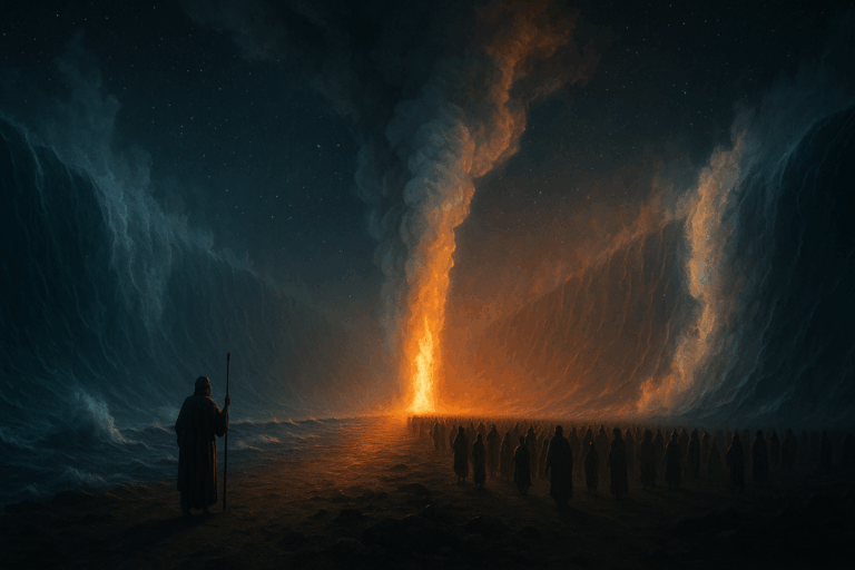night scene of the Red Sea parted with a blazing pillar of fire and cloud guiding Israel across dry ground