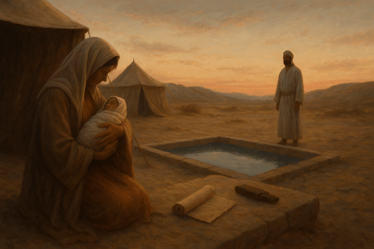Mother and newborn at twilight near a mikveh, with a priest in linen and a subtle sign of the eighth-day covenant.