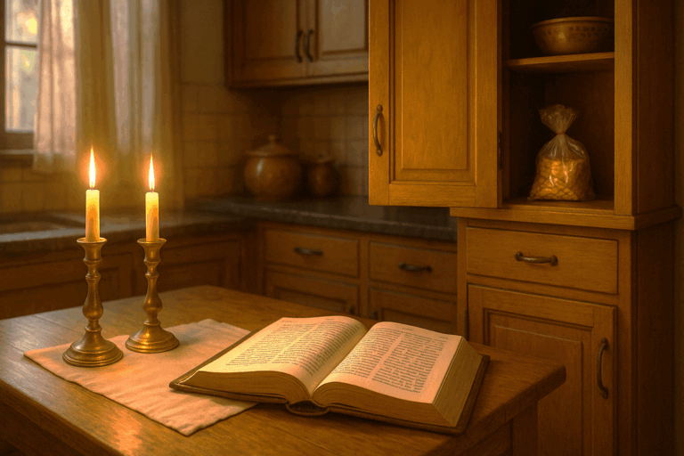 Woman’s Shabbat kitchen with an open cupboard revealing a forgotten bag of crackers beside candles and an open Hebrew Bible.