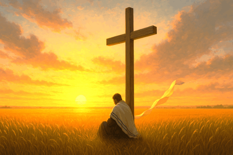 A person sits at the foot of a wooden cross in a golden wheat field at sunset, symbolizing Sabbath rest, surrender, and holiness.