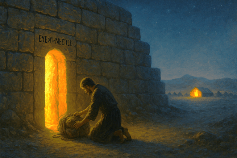A kneeling worshiper lays down burdens before a small “Eye of the Needle” doorway glowing with warm light at twilight in the desert.