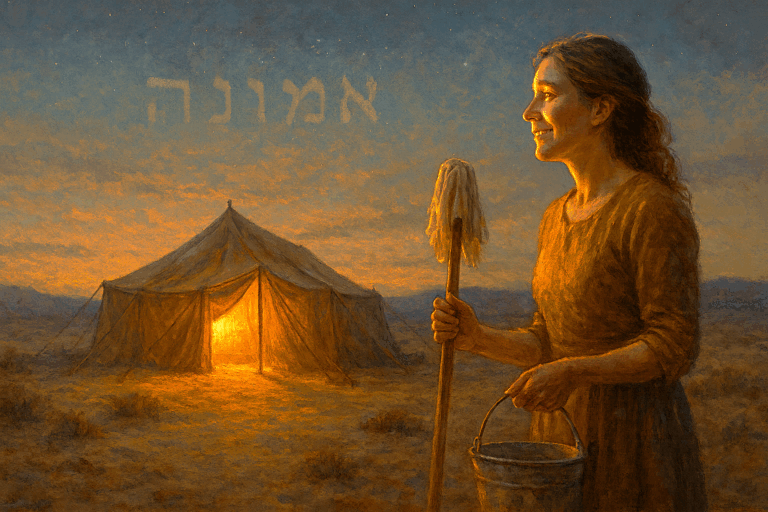 Woman with cleaning supplies standing before a glowing desert tent at dusk, light of God’s presence symbolizing healing from wounds and word curses.