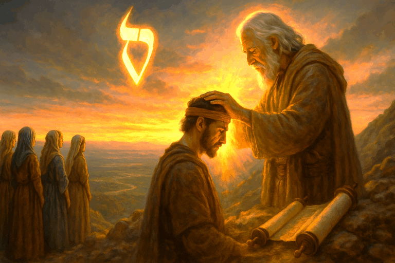 Messianic illustration of Moses commissioning Joshua on a mountain as a glowing Hebrew vav in the sky symbolizes Yeshua healing the broken connection between heaven and earth.