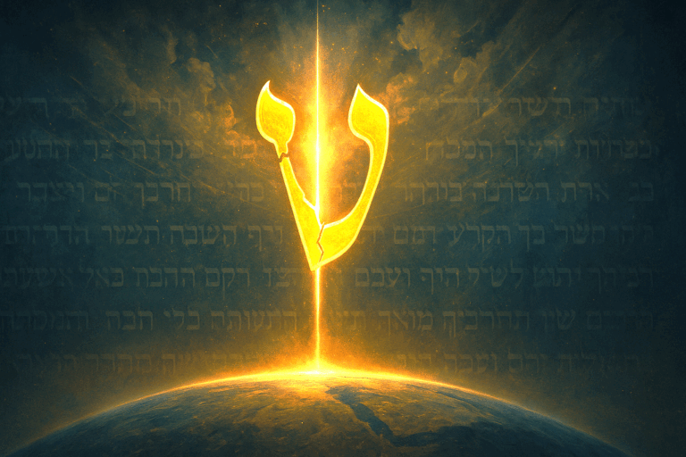 A glowing, broken Hebrew vav reconnecting heaven and earth with a nail of light, symbolizing Yeshua restoring the covenant of peace.