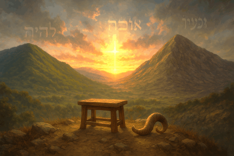 Wide sunrise view of two contrasting mountains, one green and one barren, with a wooden altar and ram’s horn in the foreground, symbolizing blessing, curse, and God’s provision.