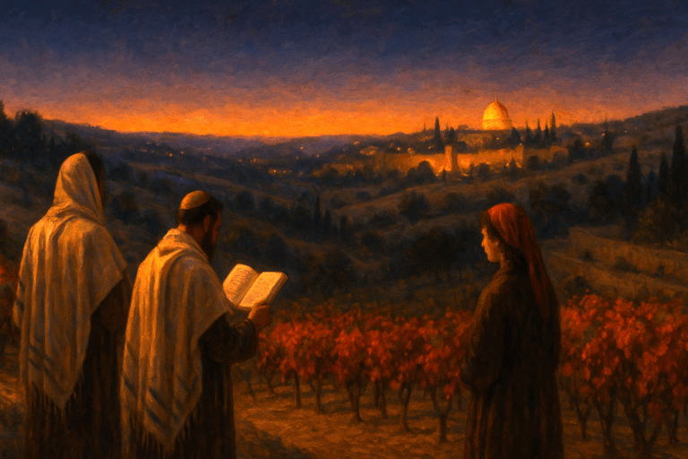 Shabbat Nachamu at twilight—readers of Isaiah 40 in Jerusalem’s hills with vineyards hinting Tu B’Av, city glowing in the distance.