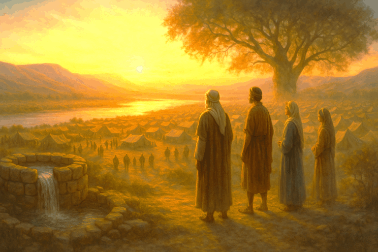 Israelites standing by the Jordan at sunrise, looking toward the Promised Land with a well and tree symbolizing God’s faithfulness.