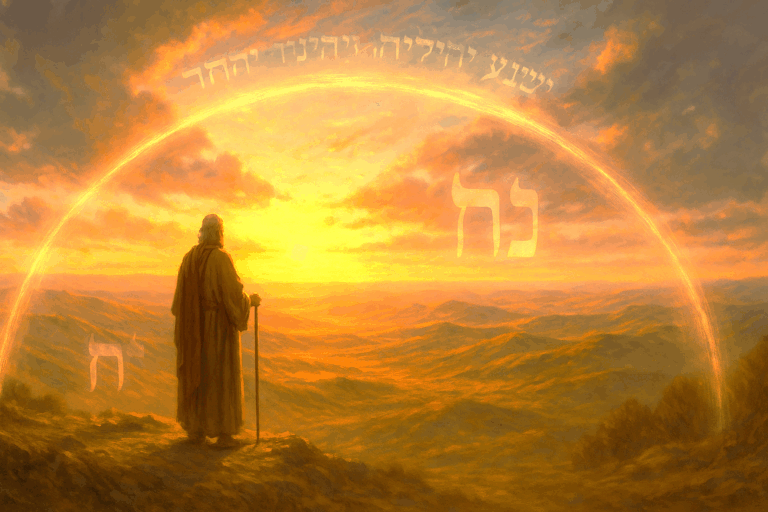 Moses stands on a mountain at sunset, gazing over the Promised Land as a glowing wall of light surrounds the landscape, symbolizing God’s grace.