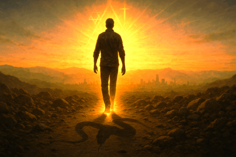 Believer walking at sunrise with glowing heels stepping on a serpent’s shadow, symbolizing a Jacob generation in spiritual victory.
