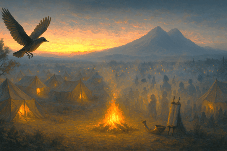 Ancient Israelite camp at dusk with a mother bird leaving her nest, distant mountains, and diverse worshipers gathering in God’s presence.