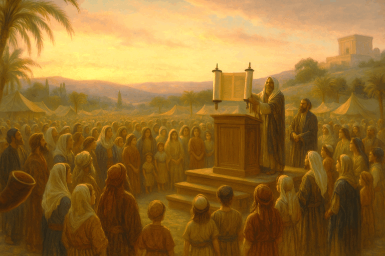Ancient Israelites gathered at Hakhel in Jerusalem, listening to the Torah being read in golden evening light during Sukkot.