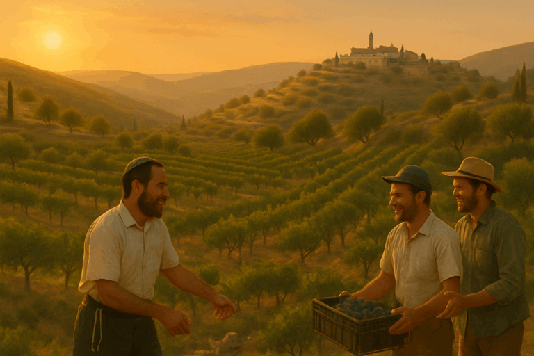 Jewish farmers and Christian volunteers harvesting grapes together on a Samarian hillside at sunset, with a distant Arab village on the horizon.
