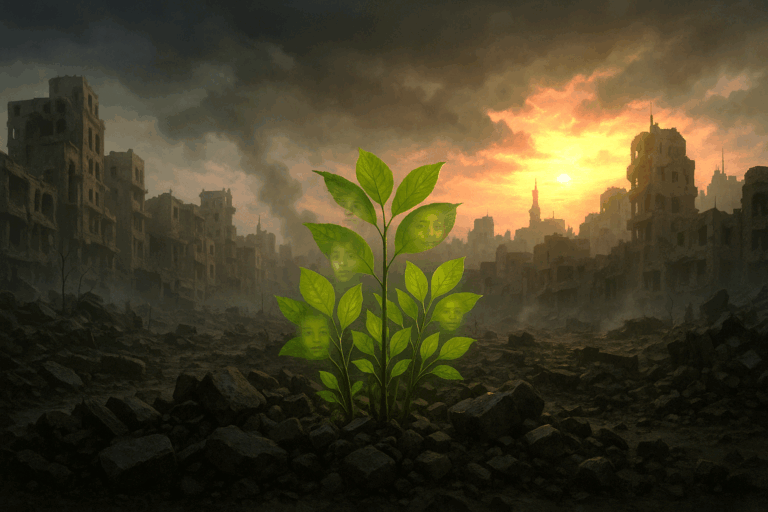 A small grove of green saplings rising from the rubble of a bombed Syrian city, with children’s faces faintly visible in the leaves, symbolizing “oaks of righteousness.”