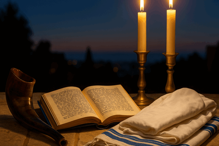 Shofar, white kittel, and tallit beside two festival candles and an open machzor on Jerusalem stone at dusk.