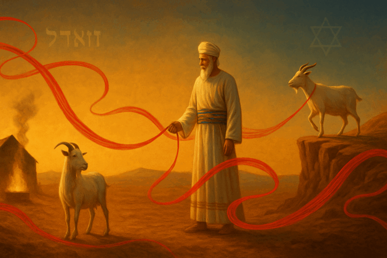 High Priest at dusk holds a red cord linking two goats—one near altar smoke, one at a cliff edge—symbolizing lots cast “for Adonai” and “for Azazel.” Hebrew “Azazel” and a faint Star of David appear in the sky.