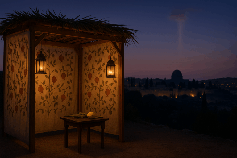 Sukkot sukkah glowing at dusk near Jerusalem with lulav and etrog, hinting at cloud-and-fire above Zion.