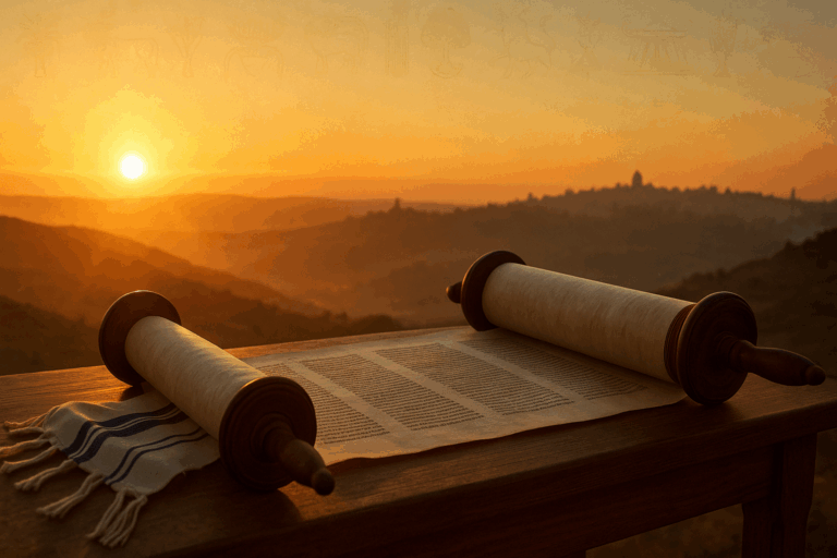 Torah scroll glowing at sunrise on Shemini Atzeret, symbolizing the King in Jeshurun and Israel’s unity.