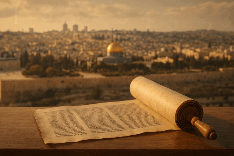 Unrolled Torah scroll on a wooden table with Jerusalem softly aglow in the background at golden hour.