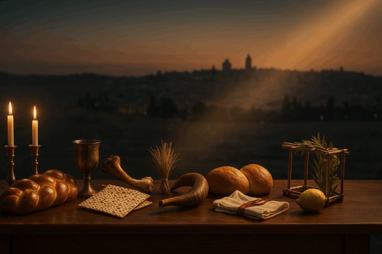 Symbols of the Eight Biblical Appointed Times arranged on a table at dusk overlooking Jerusalem, with a warm beam of light highlighting them—shofar, matzah, barley sheaf, challah, Passover cup, two loaves, Yom Kippur tokens, and a small sukkah with lulav and etrog.